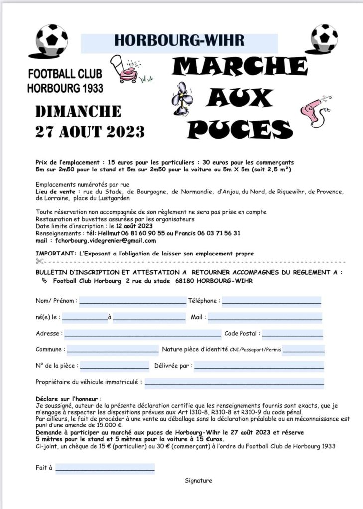 Marché aux puces du 27 août 2023 – Organisé par le FC Horbourg 1933