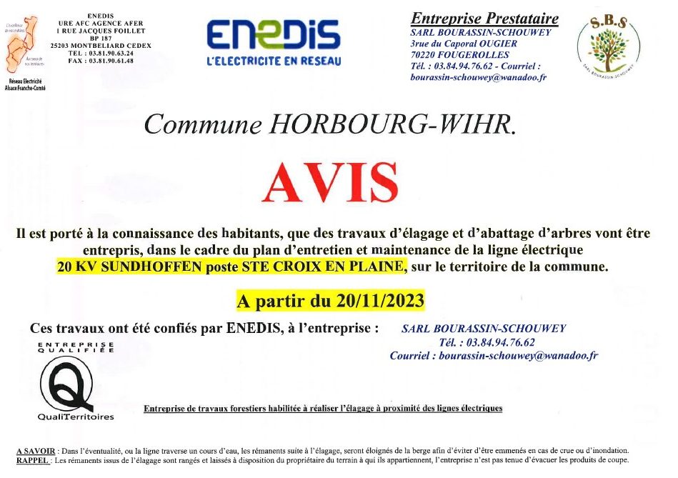 ENEDIS VOus informe : travaux d’élagage et d’abattage d’arbres – maintenance de la ligne 20KV