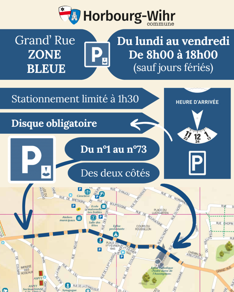La Grand’ Rue (du n°1 au n°73) passe en zone bleue 🅿️ !